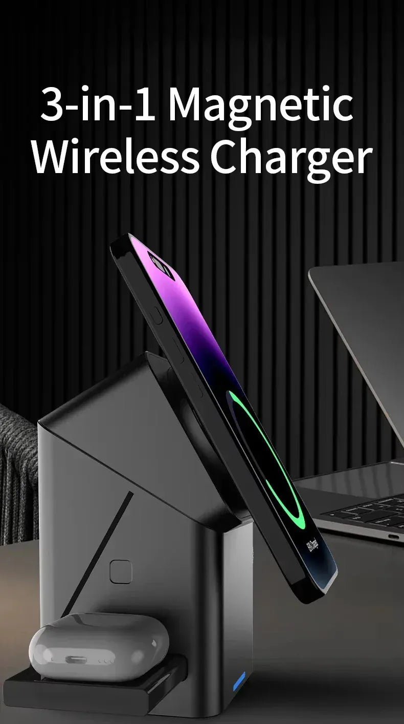 Zengo Grey 2025 New Automatic Touch Magnetic Multi-function 3 in 1 Wireless Charger for Iphone 16 15 14 13 Pro Max Iwatch Airpods Charger
