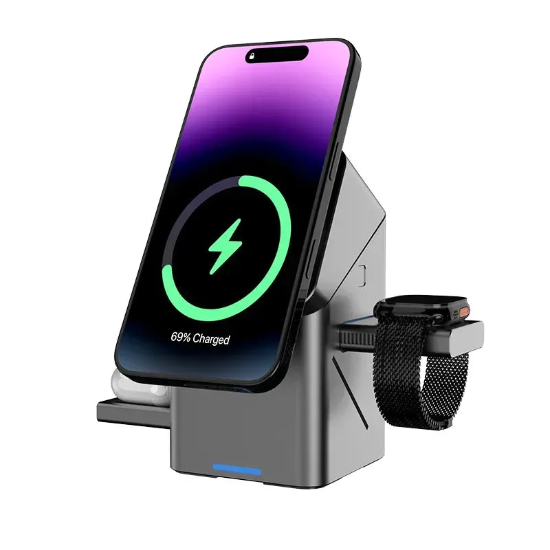 Zengo Grey 2025 New Automatic Touch Magnetic Multi-function 3 in 1 Wireless Charger for Iphone 16 15 14 13 Pro Max Iwatch Airpods Charger