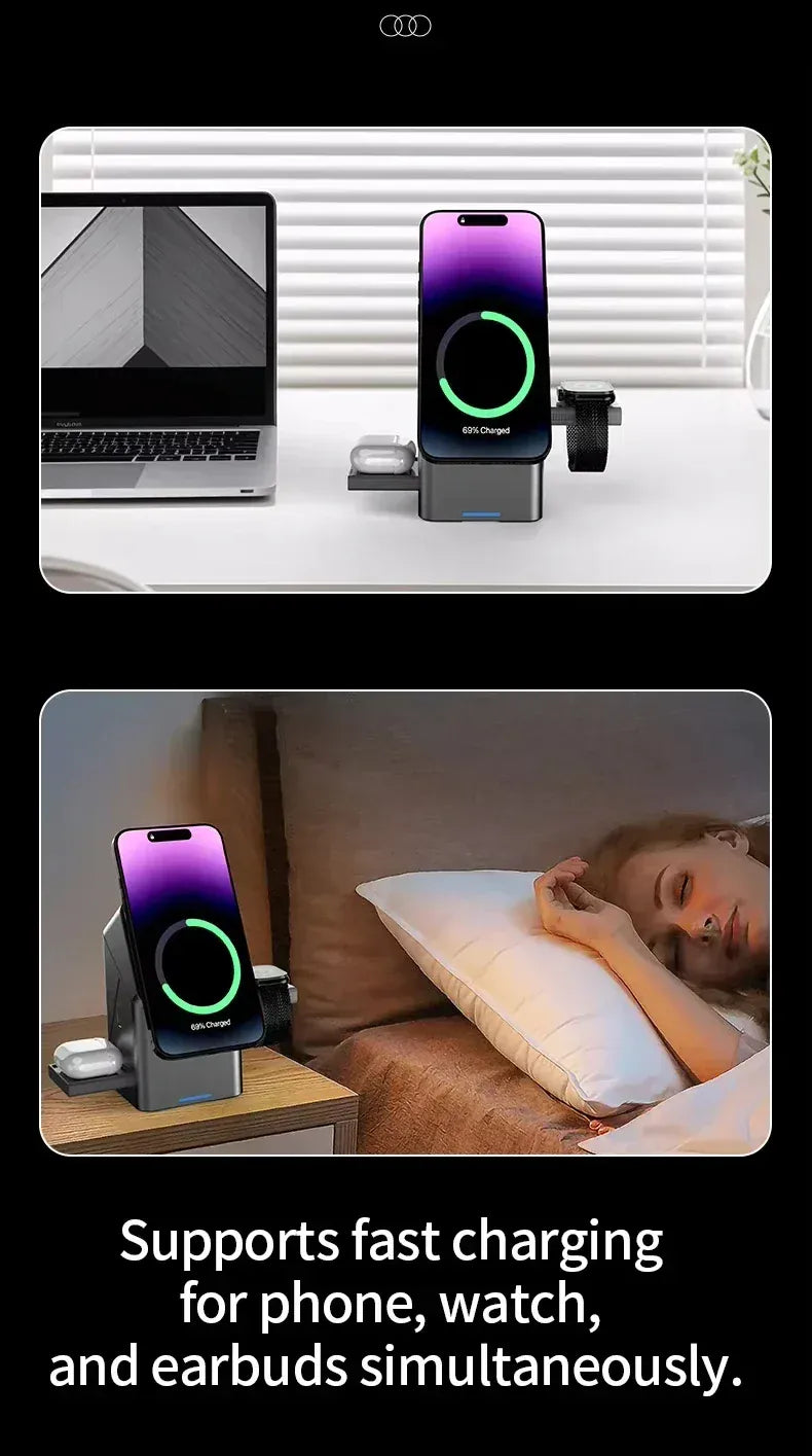 Zengo Grey 2025 New Automatic Touch Magnetic Multi-function 3 in 1 Wireless Charger for Iphone 16 15 14 13 Pro Max Iwatch Airpods Charger