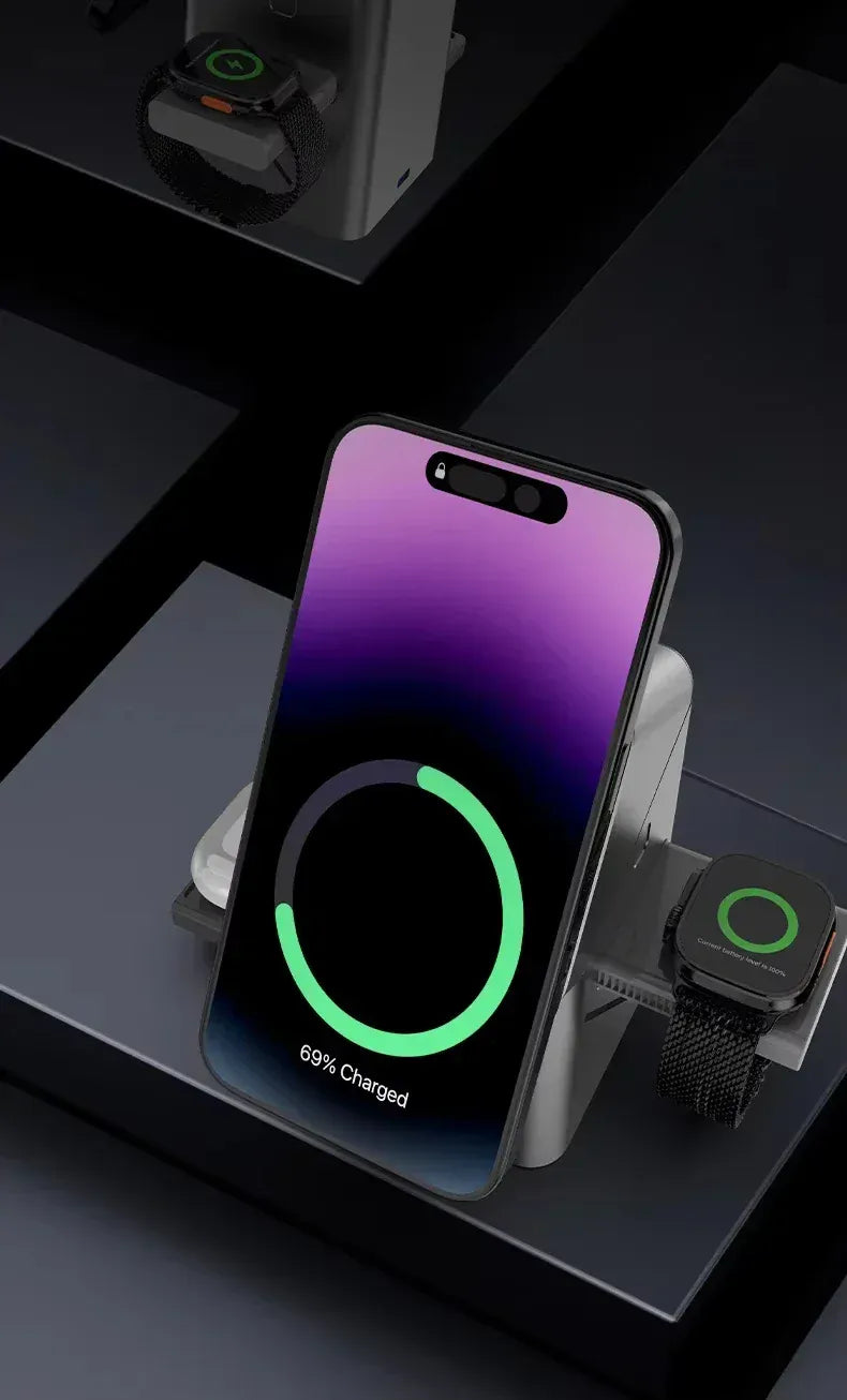 Zengo Grey 2025 New Automatic Touch Magnetic Multi-function 3 in 1 Wireless Charger for Iphone 16 15 14 13 Pro Max Iwatch Airpods Charger