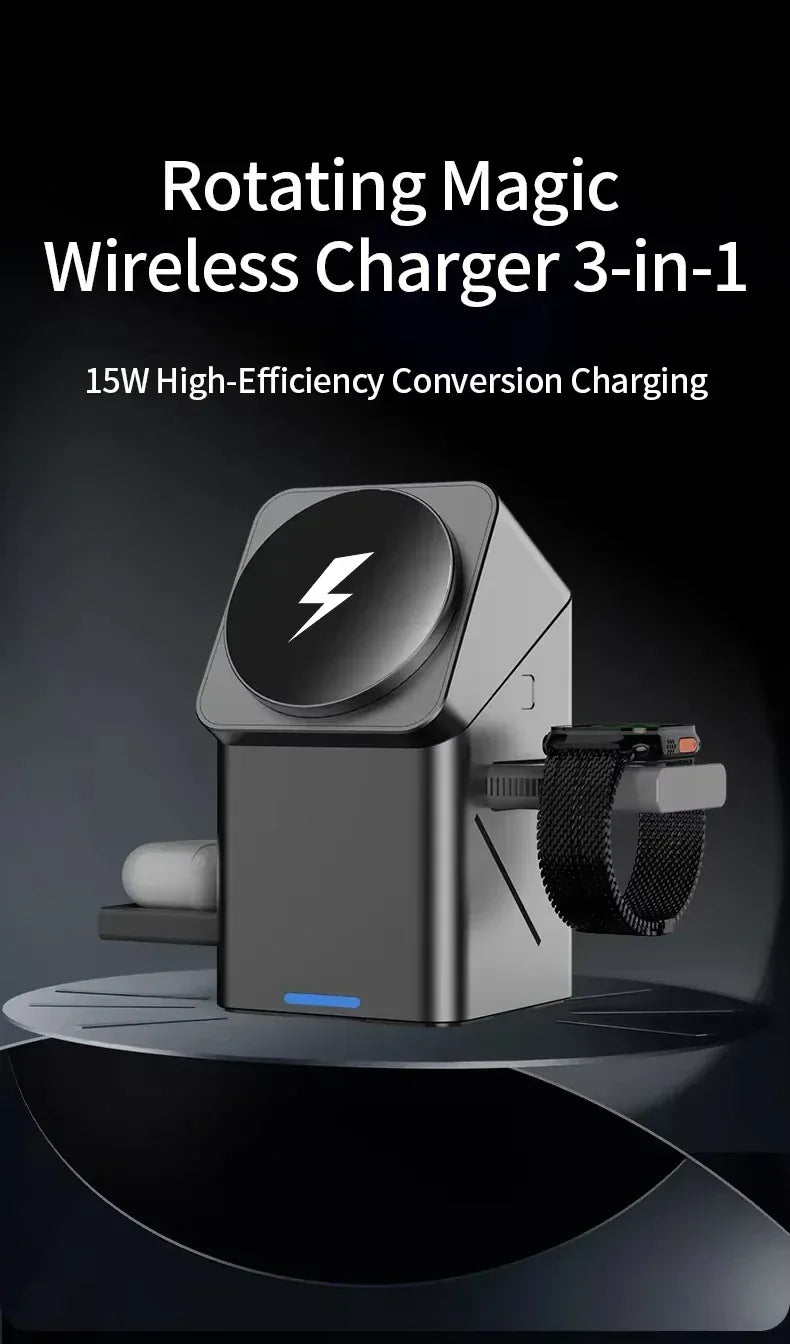 Zengo Grey 2025 New Automatic Touch Magnetic Multi-function 3 in 1 Wireless Charger for Iphone 16 15 14 13 Pro Max Iwatch Airpods Charger