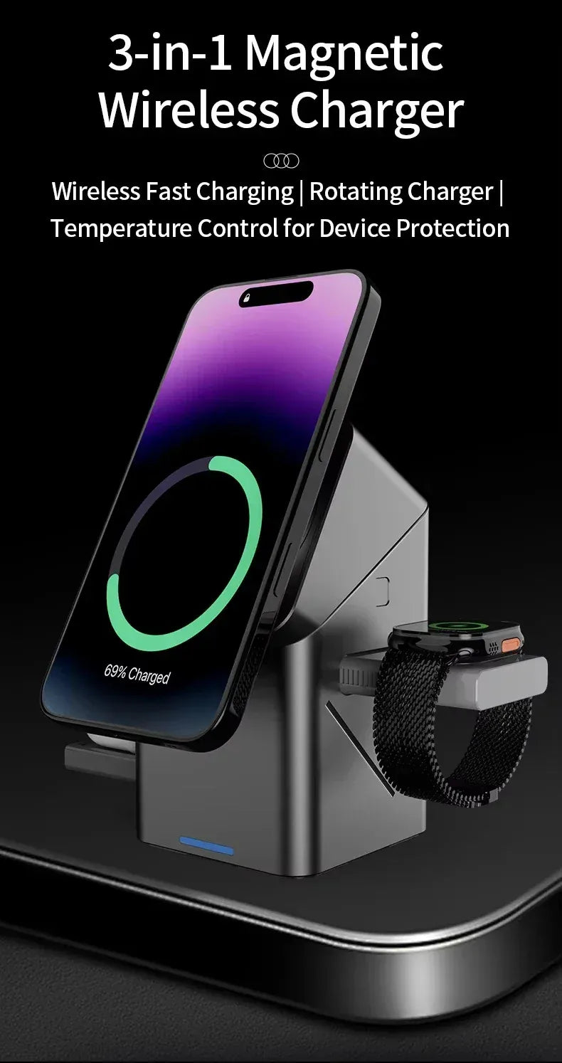 Zengo Grey 2025 New Automatic Touch Magnetic Multi-function 3 in 1 Wireless Charger for Iphone 16 15 14 13 Pro Max Iwatch Airpods Charger